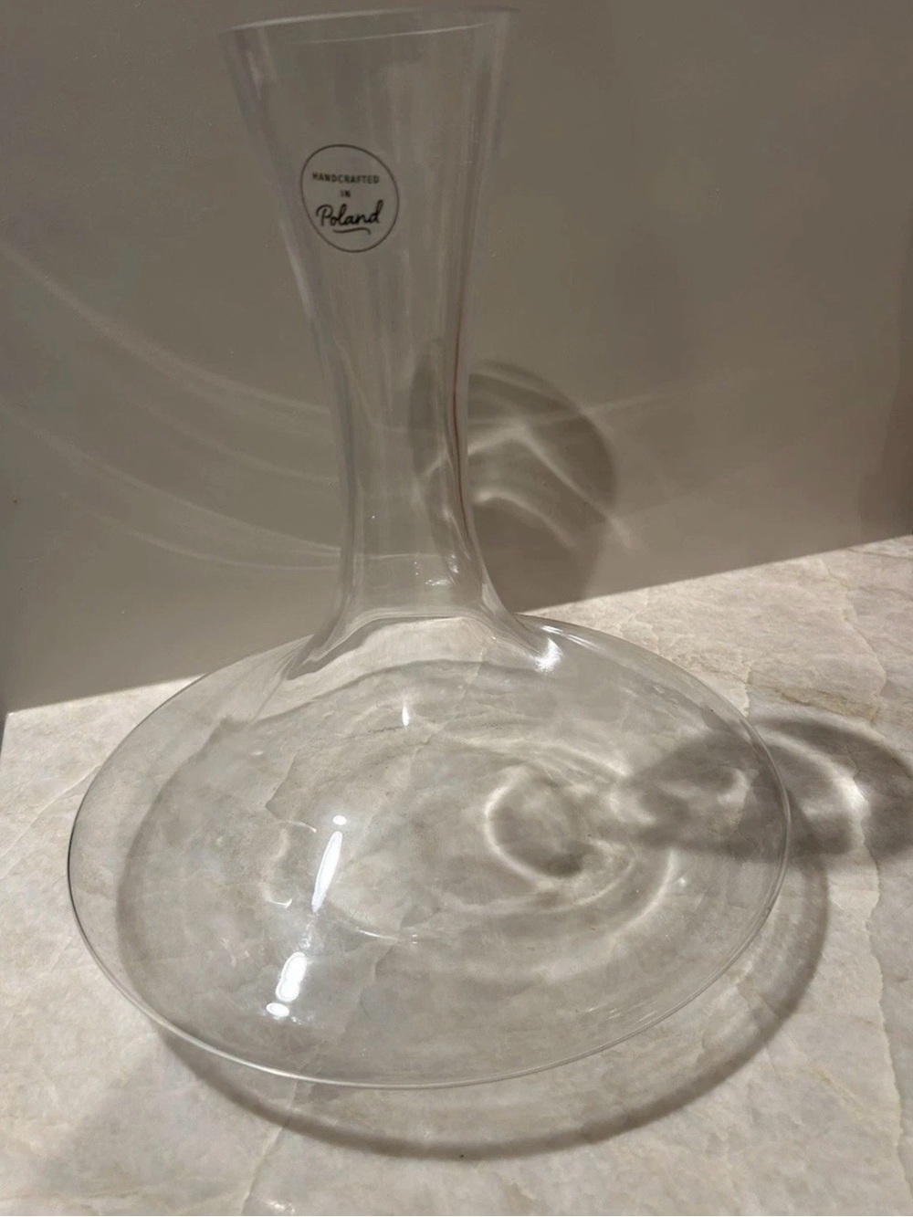 Wine Decanter Handcrafted In Poland Wide Base Clear Glass 11” Tall Barware